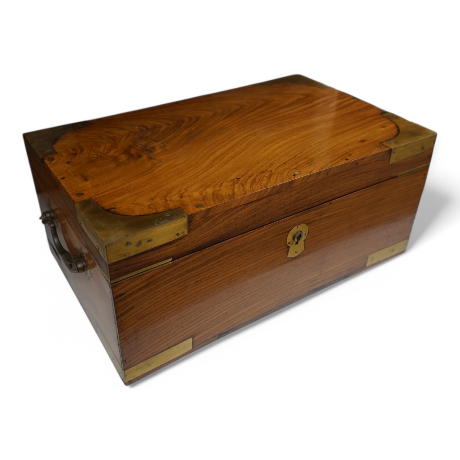 A 1920’s Anglo Indian brass mounted rosewood chest with fitted interior and key, 48cm wide. Condition - fair/good